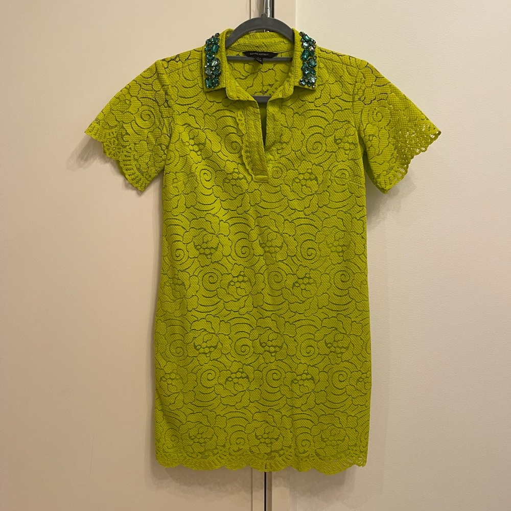 Banana Republic Green Shirt Dress Jeweled Collar PXXS